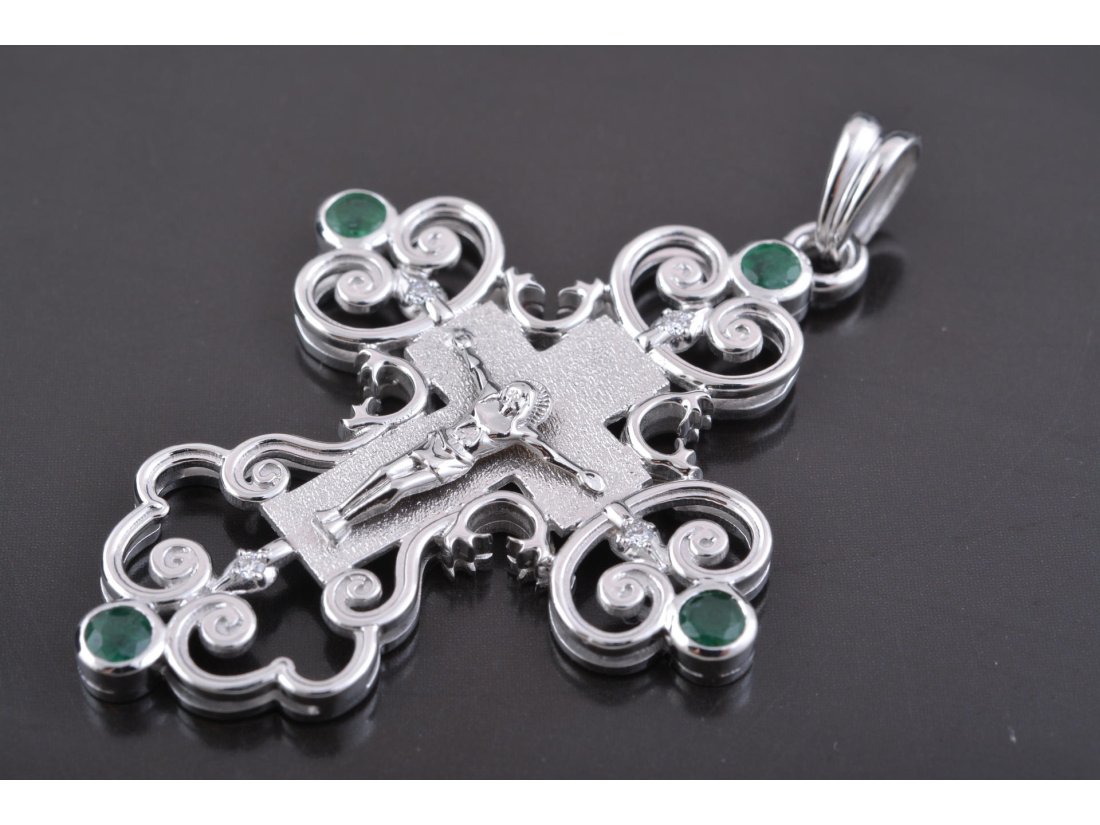 Хрест із білого золота зі смарагдом та діамантом - Багира
