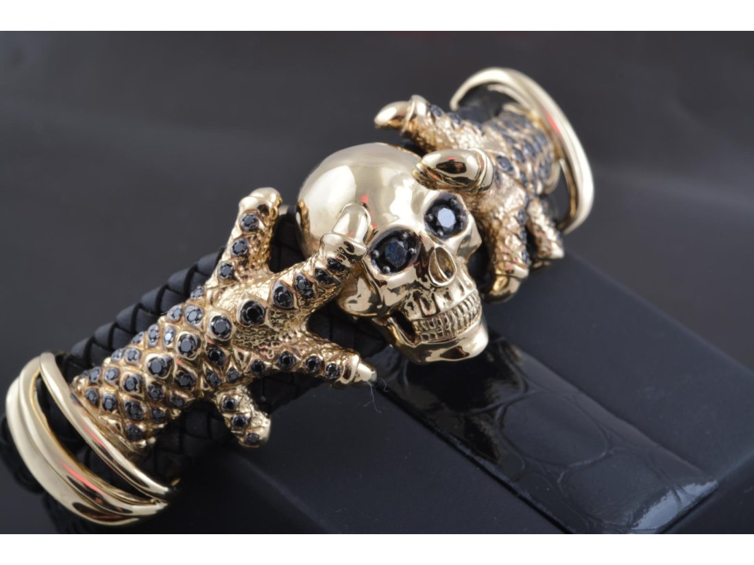 Браслет чоловічий &quot;Череп у пазурах&quot;, лимонне золото з чорними діамантами
