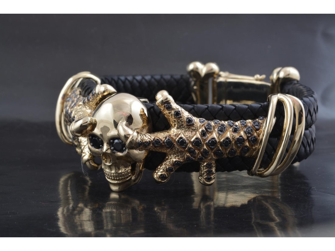 Браслет чоловічий &quot;Череп у пазурах&quot;, лимонне золото з чорними діамантами