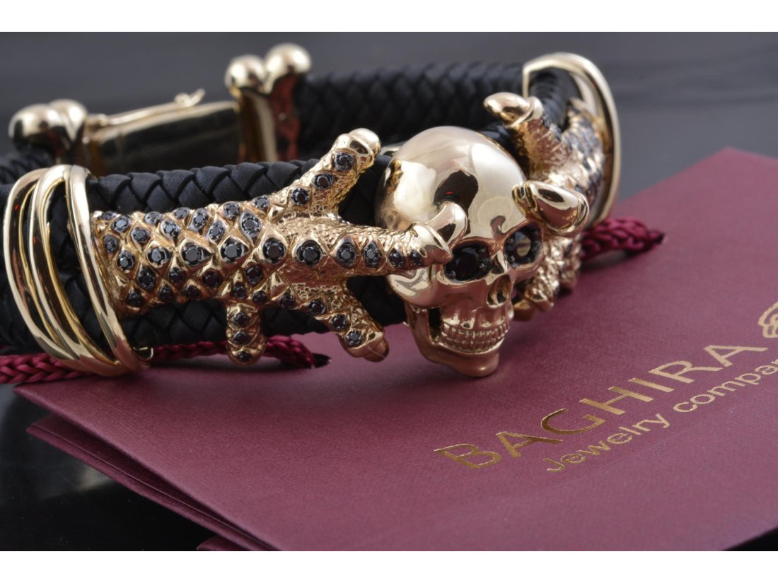 Браслет чоловічий &quot;Череп у пазурах&quot;, лимонне золото з чорними діамантами - Багира