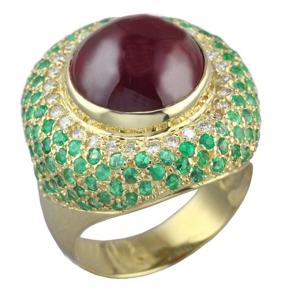 Каблучка з гранатом та смарагдами - Фото1 Каблучка з гранатом та смарагдами