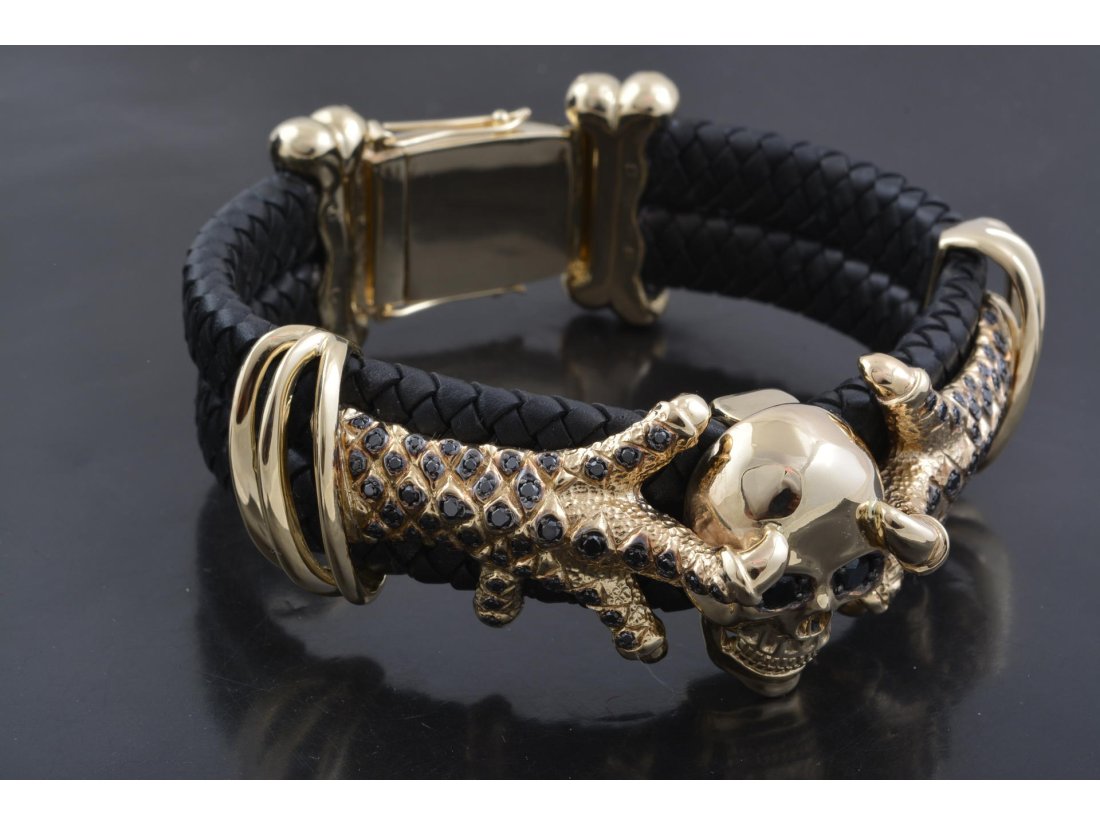 Браслет чоловічий &quot;Череп у пазурах&quot;, лимонне золото з чорними діамантами - Купити