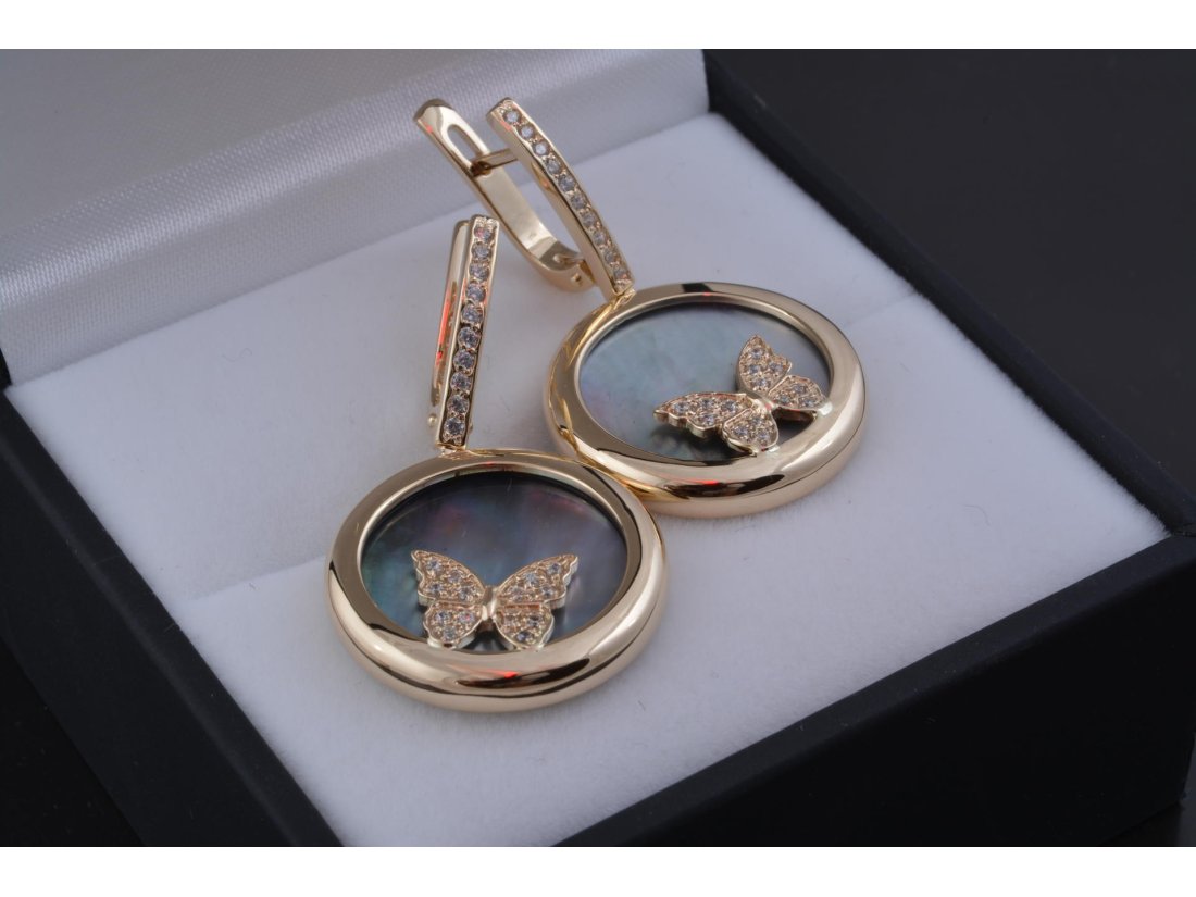 Гарнітур "Метелики" чорний перламутр у лимонному золоті