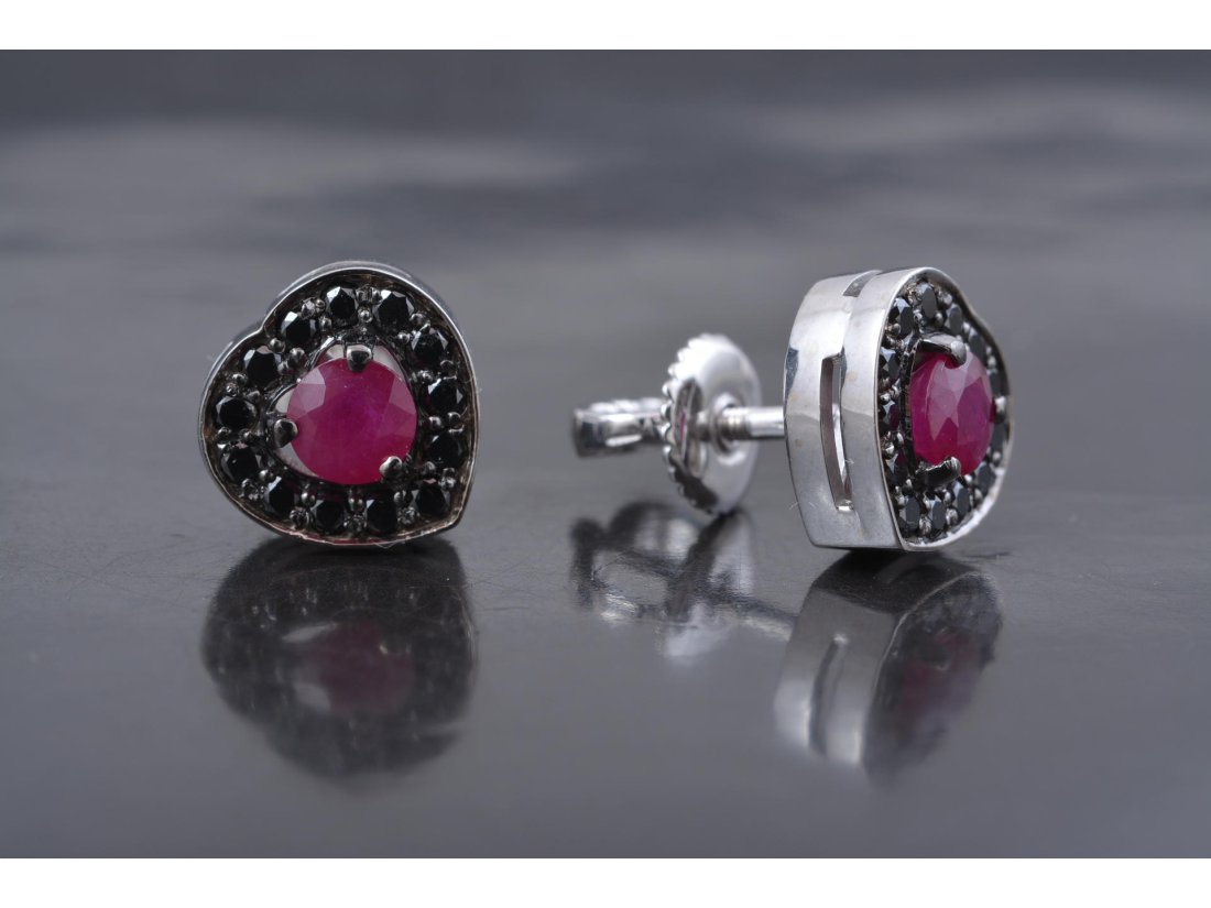 Сережки &quot;Серце&quot; з рубінами та чорними діамантами - Багира