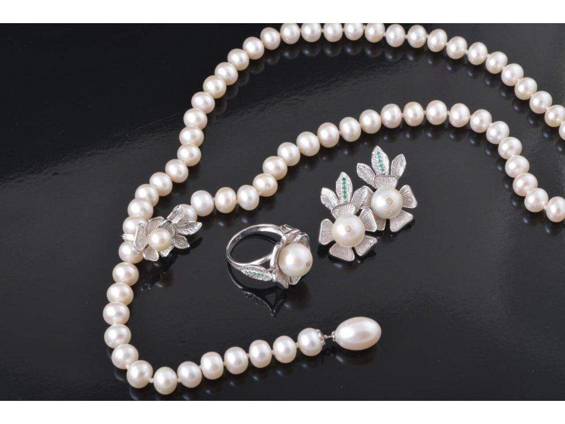 Гарнітур "Перлинова квітка" , біле золото - Фото8 Гарнітур "Перлинова квітка" , біле золото