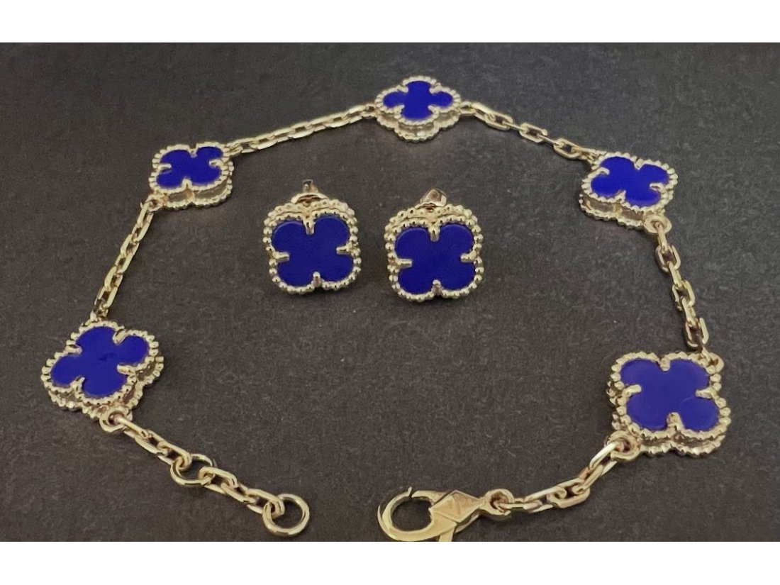 Сережки у стилі Van Cleef з лазурітом - Фото2 Сережки у стилі Van Cleef з лазурітом - Багира