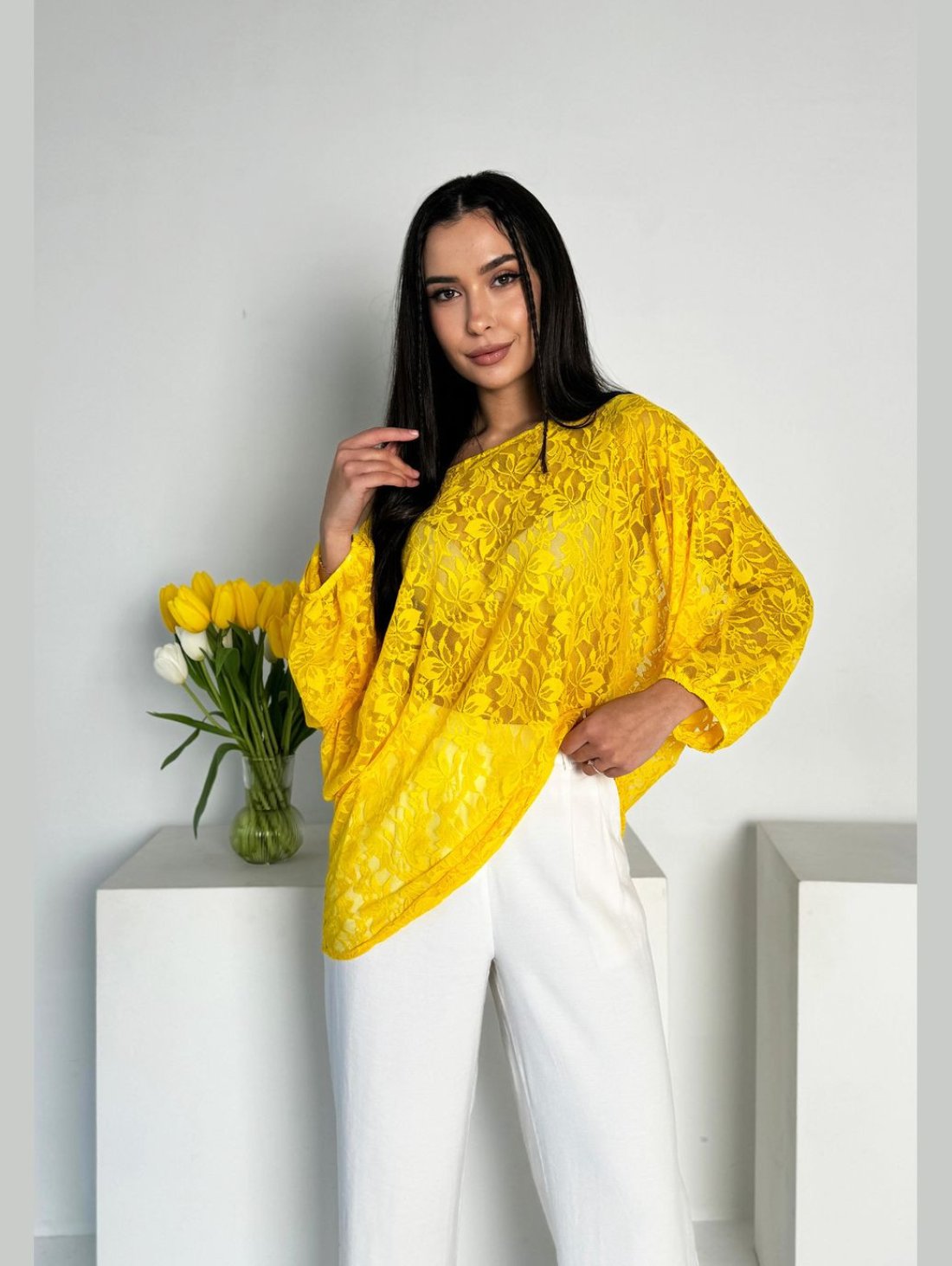 Стильна блуза-туніка вільного силуету з гіпюру INNOE 230232-2 Жовтий