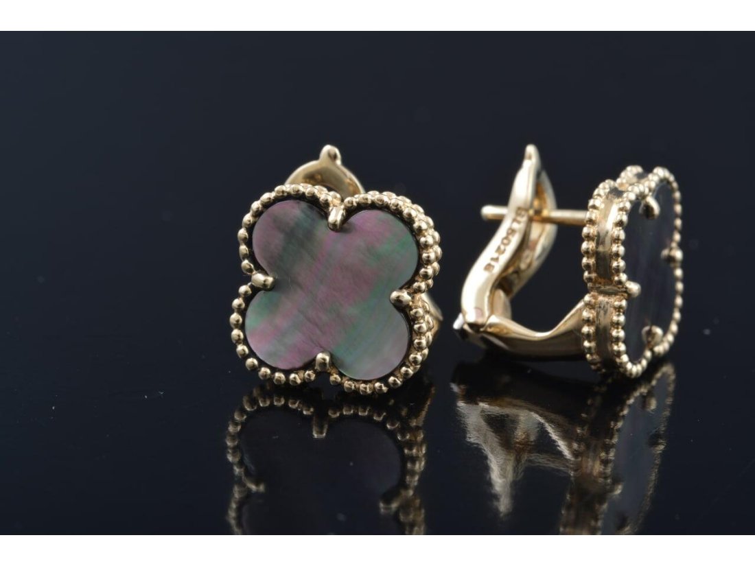 Сережки у стилі Van Cleef, чорний перламутр - Фото2 Сережки у стилі Van Cleef, чорний перламутр - Багира