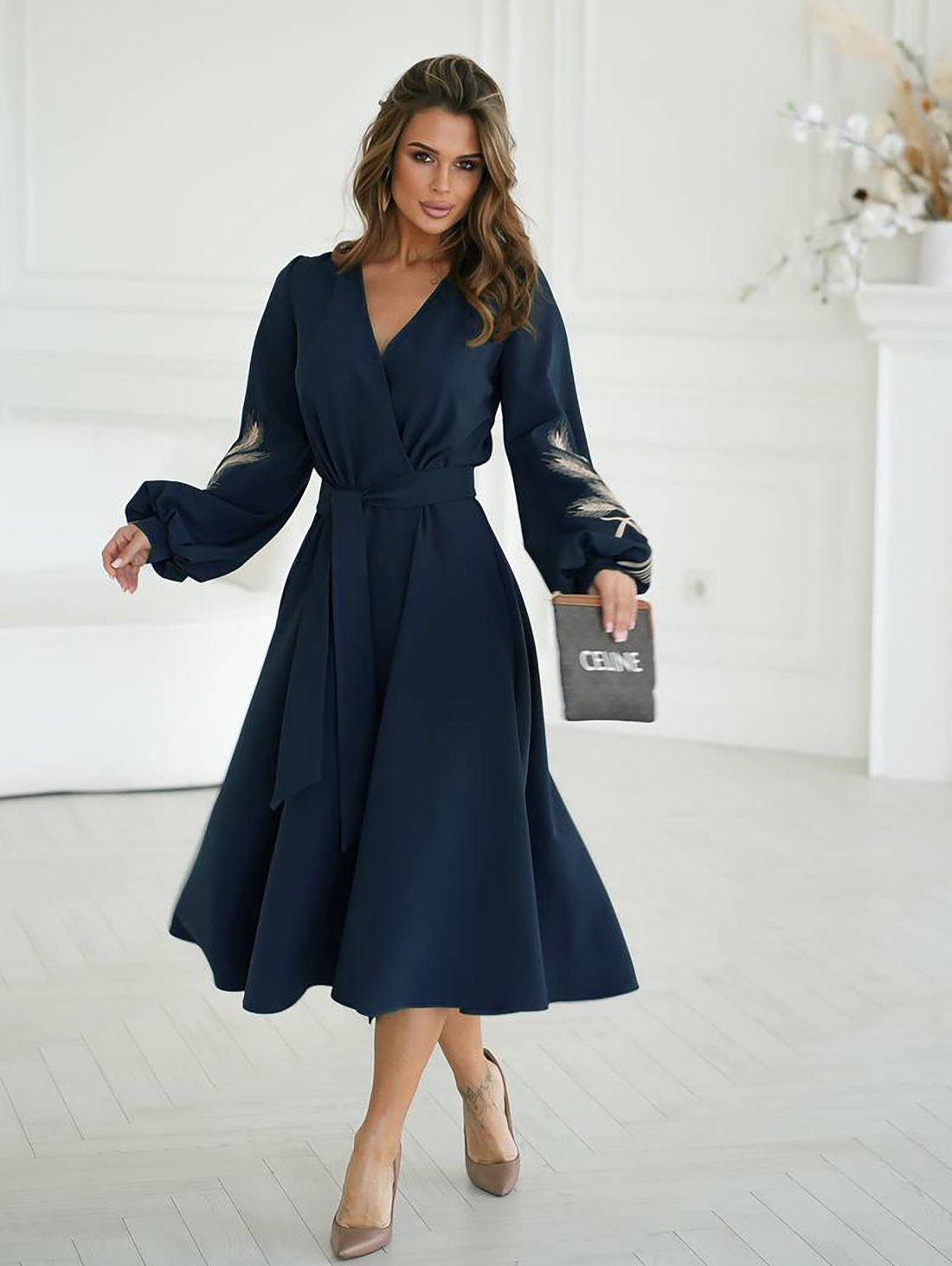 Нарядна сукня на запах з вишивкою колоски 270545-2 Морська хвиля - Купити