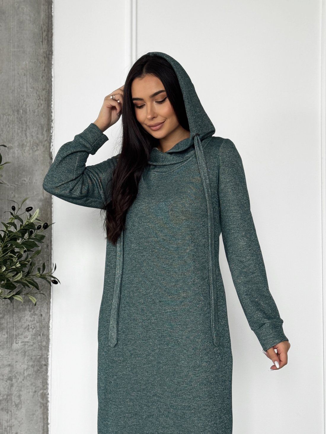 Тепле жіноче плаття-худі з турецької тринитки люрексом і начосом INNOE 270587-1Зелений - Innoe