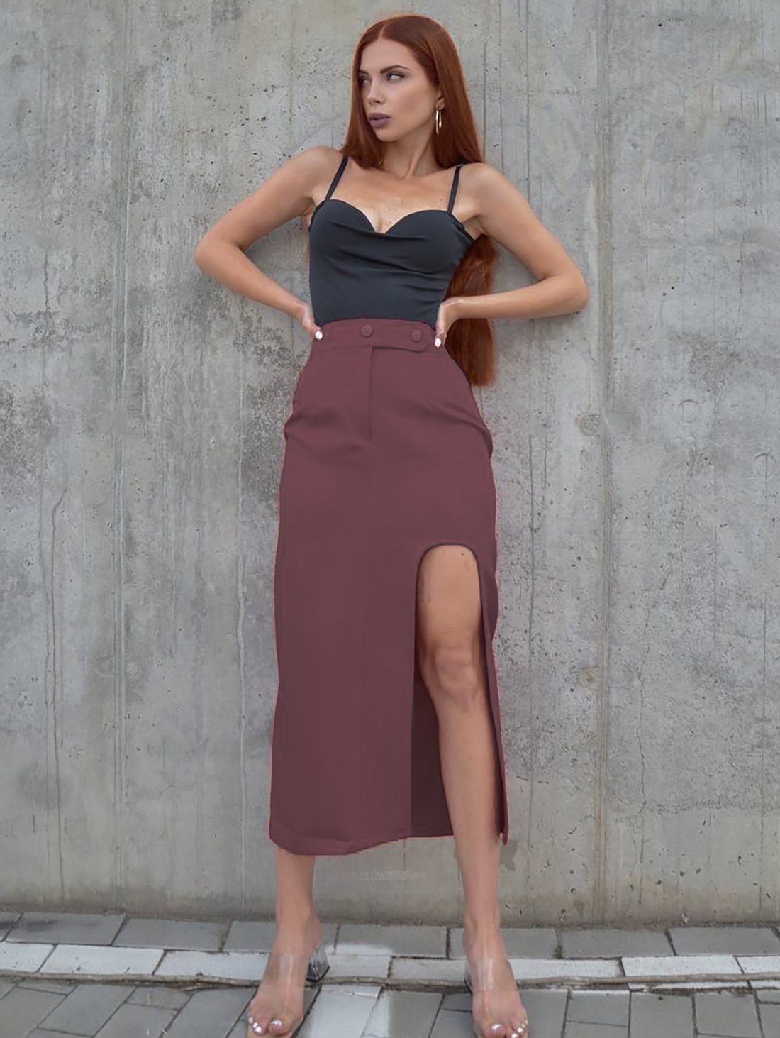 Трендова спідниця з глибоким розрізом 220127-2 - Купити