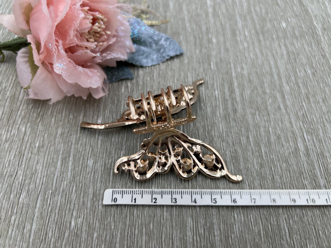 Краб для волосся метелик метал, золото з чорною емаллю з камінням 8см.