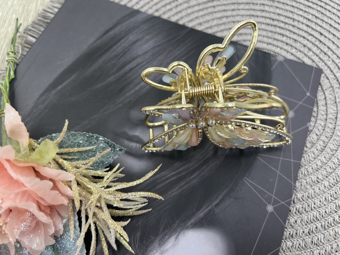 Краб для волосся метал ,золото з камінням 9 см. - Кристалік