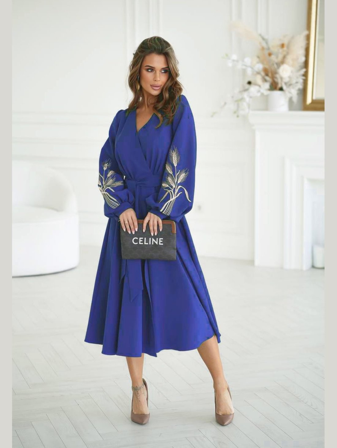 Ніжна сукня на запах вишивка колоски 270545-3 Синій - Купити