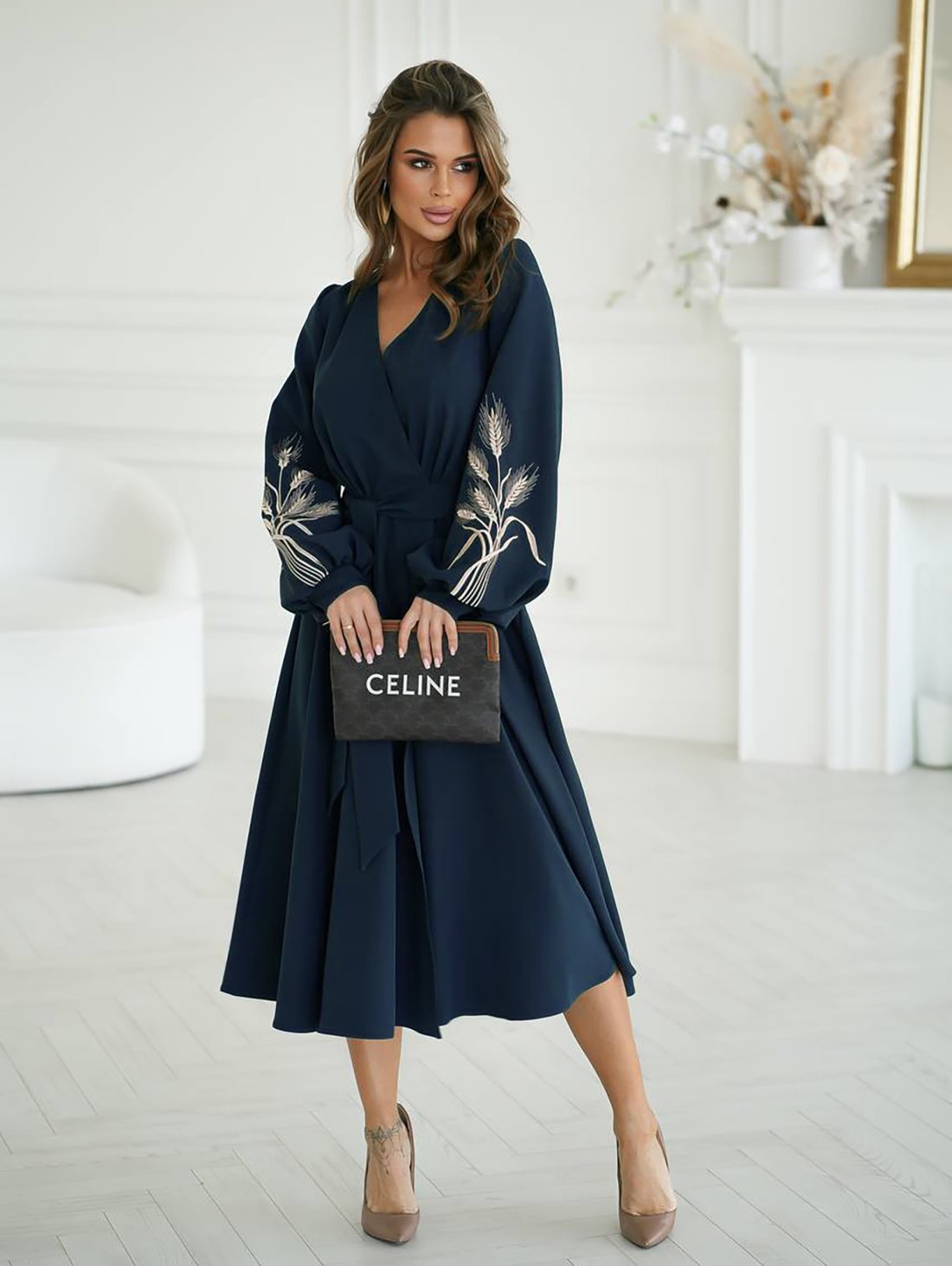 Нарядна сукня на запах з вишивкою колоски 270545-2 Морська хвиля - Innoe