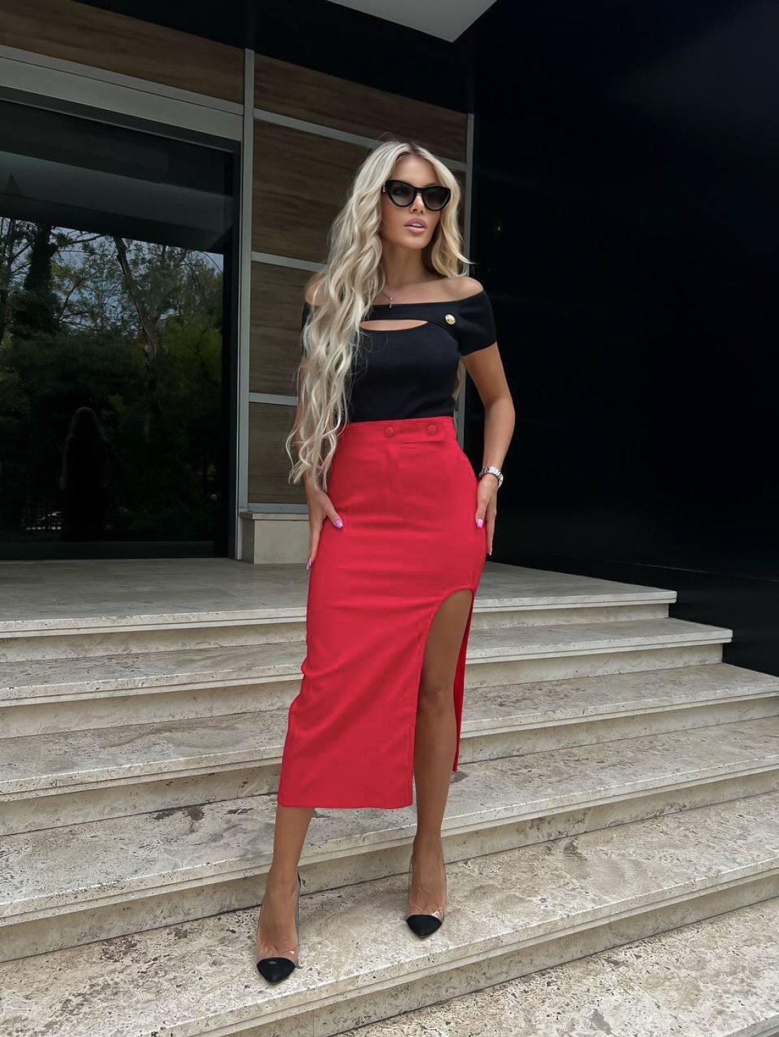 Неймовірна червона спідниця міді з глибоким розрізом 220127 - Купити