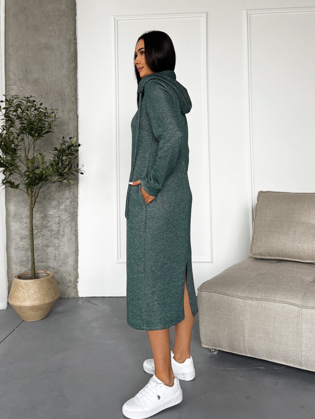 Тепле жіноче плаття-худі з турецької тринитки люрексом і начосом INNOE 270587-1Зелений