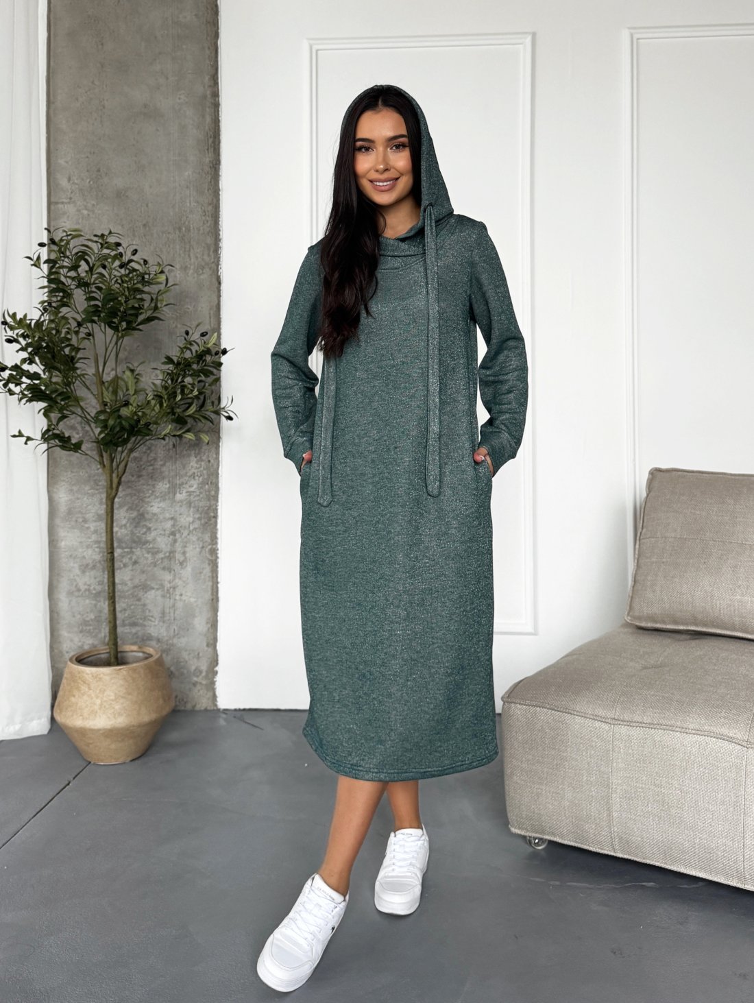 Тепле жіноче плаття-худі з турецької тринитки люрексом і начосом INNOE 270587-1Зелений