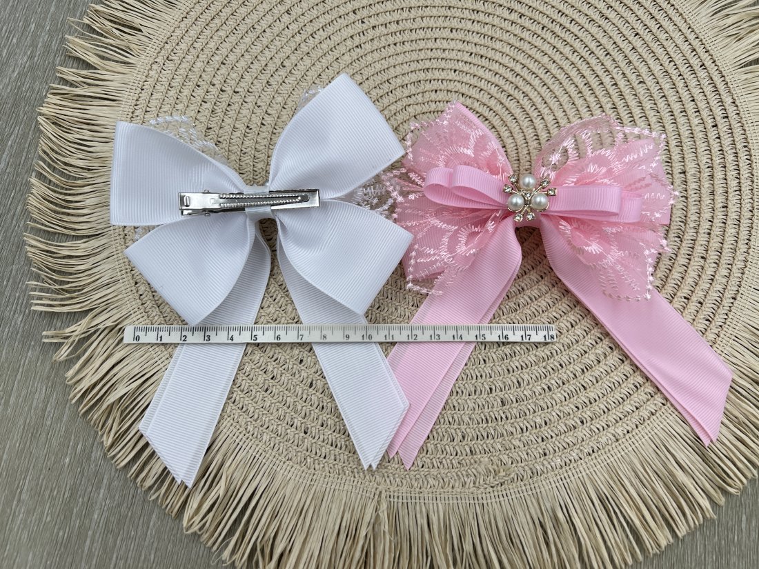 Бантики на затиску. білі рожеві з мережевом - Кристалік