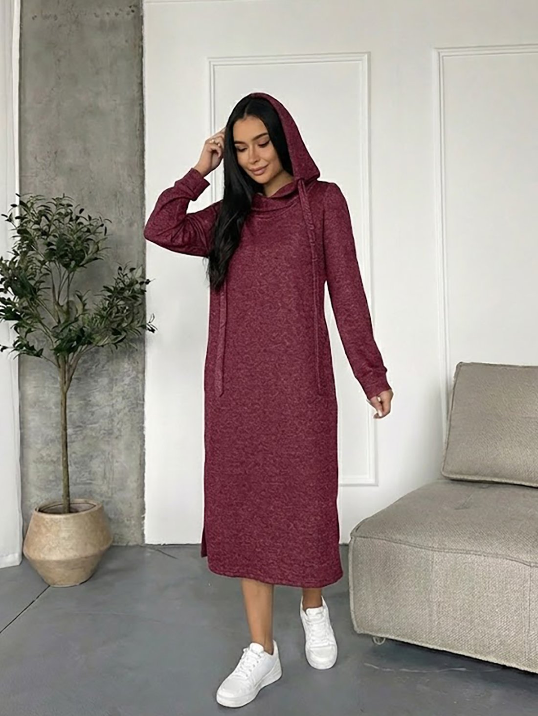 Плаття-худі міді з турецької тринитки з люрексом і начосом INNOE 270587-1 Бордовий - Innoe