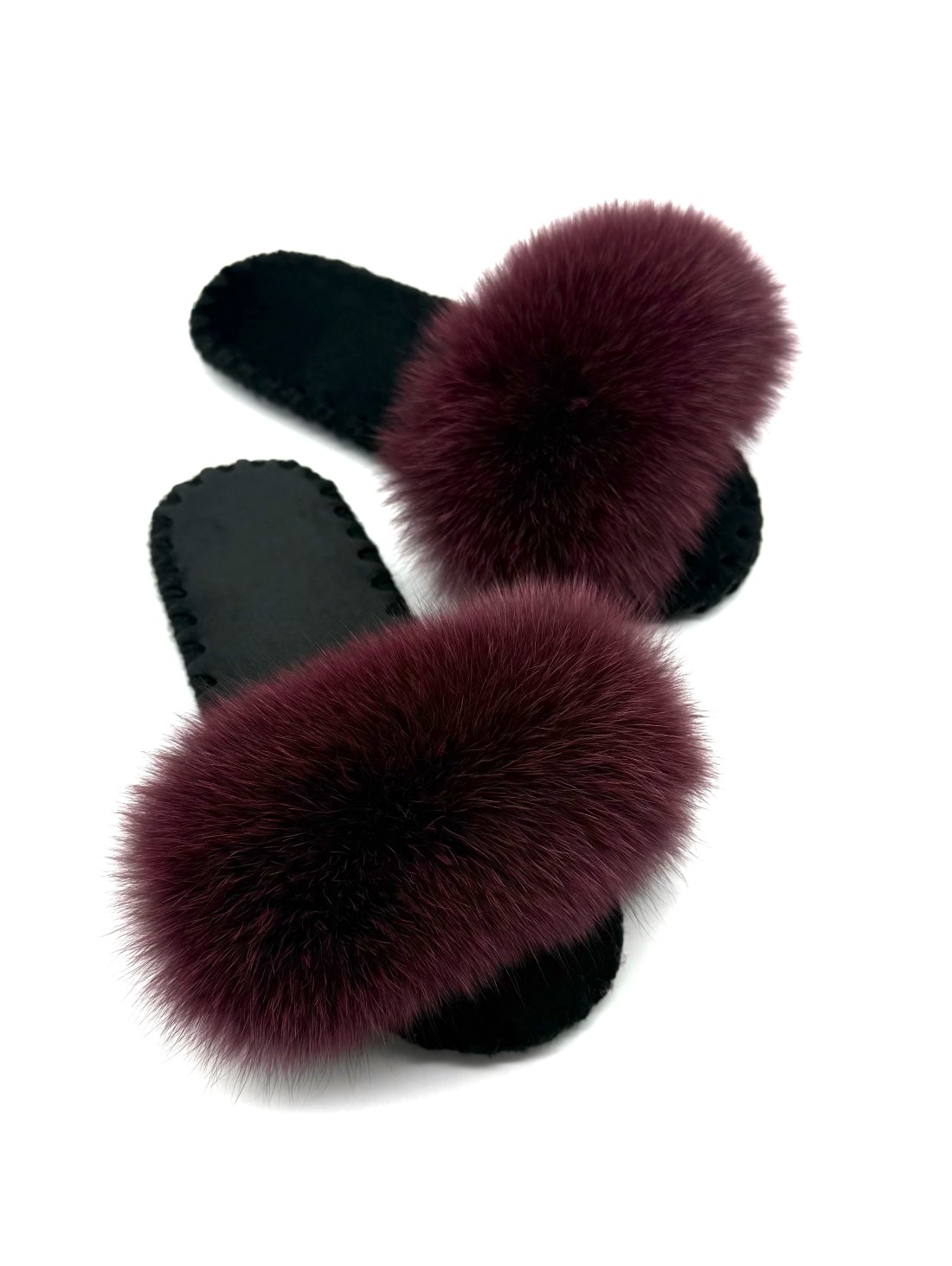 Жіночі домашні капці Family Story Пухнастики з натуральним хутром песця Бордові