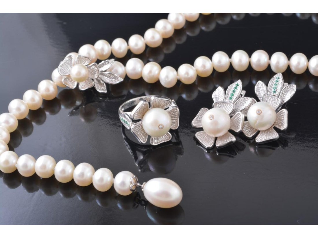 Гарнітур "Перлинова квітка" , біле золото - Фото9 Гарнітур "Перлинова квітка" , біле золото