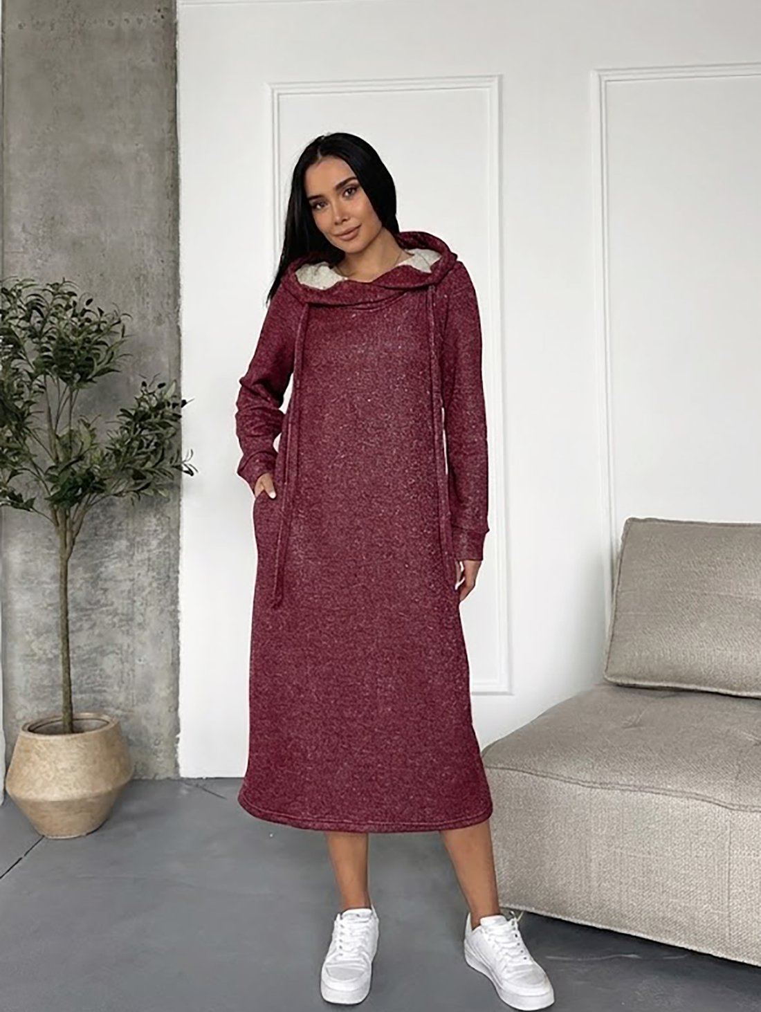 Плаття-худі міді з турецької тринитки з люрексом і начосом INNOE 270587-1 Бордовий