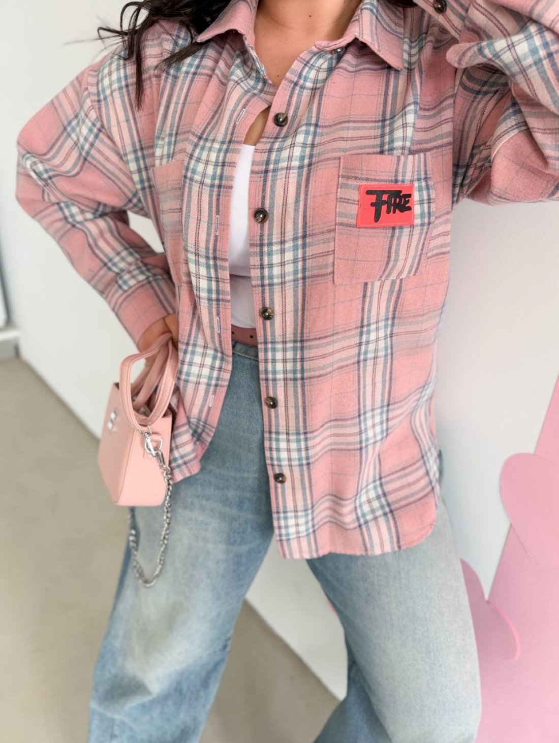 Модна клітинчаста сорочка для створення стильних луків INNOE 300062-1 Пудровий - Купити