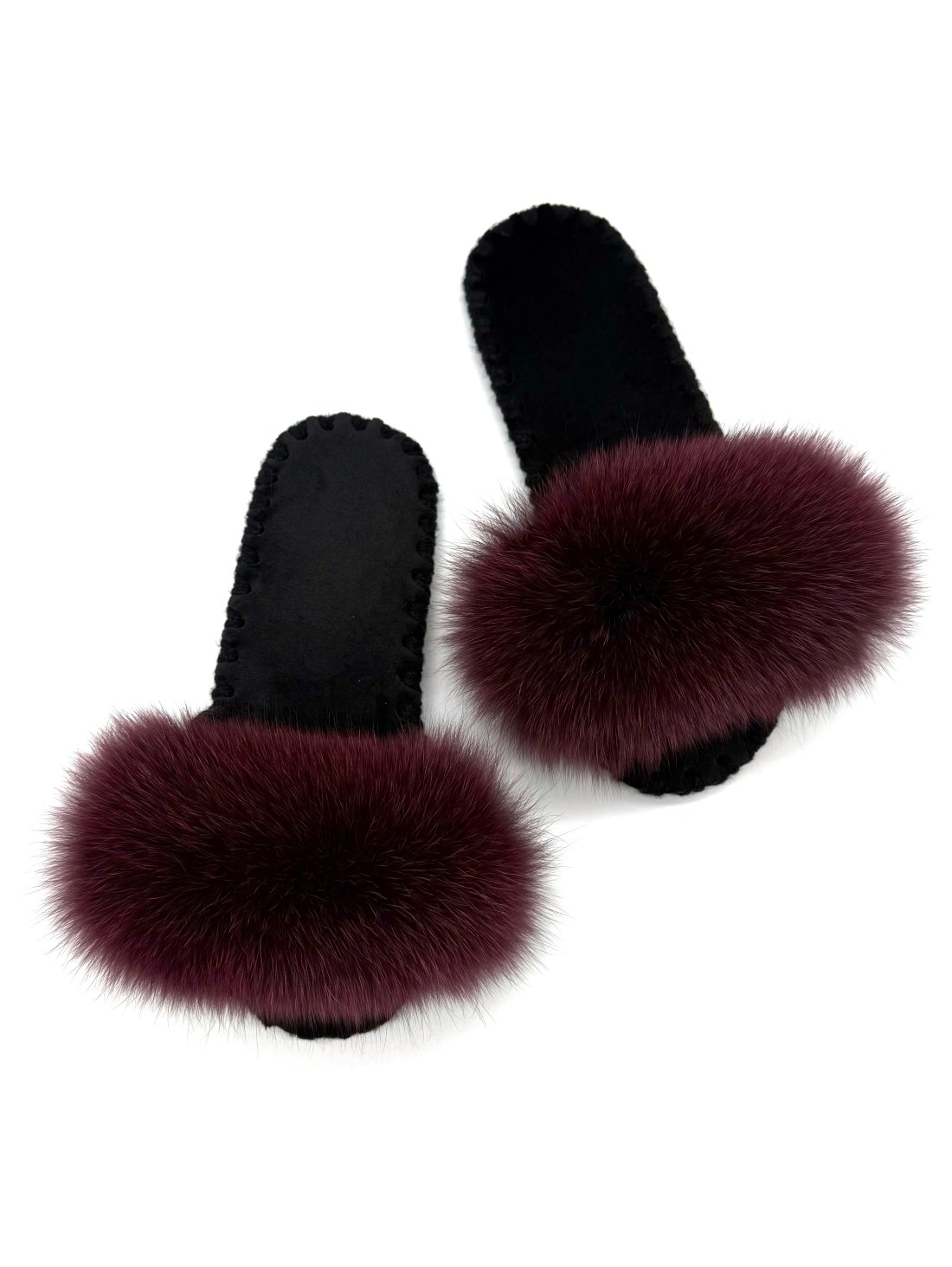 Жіночі домашні капці Family Story Пухнастики з натуральним хутром песця Бордові