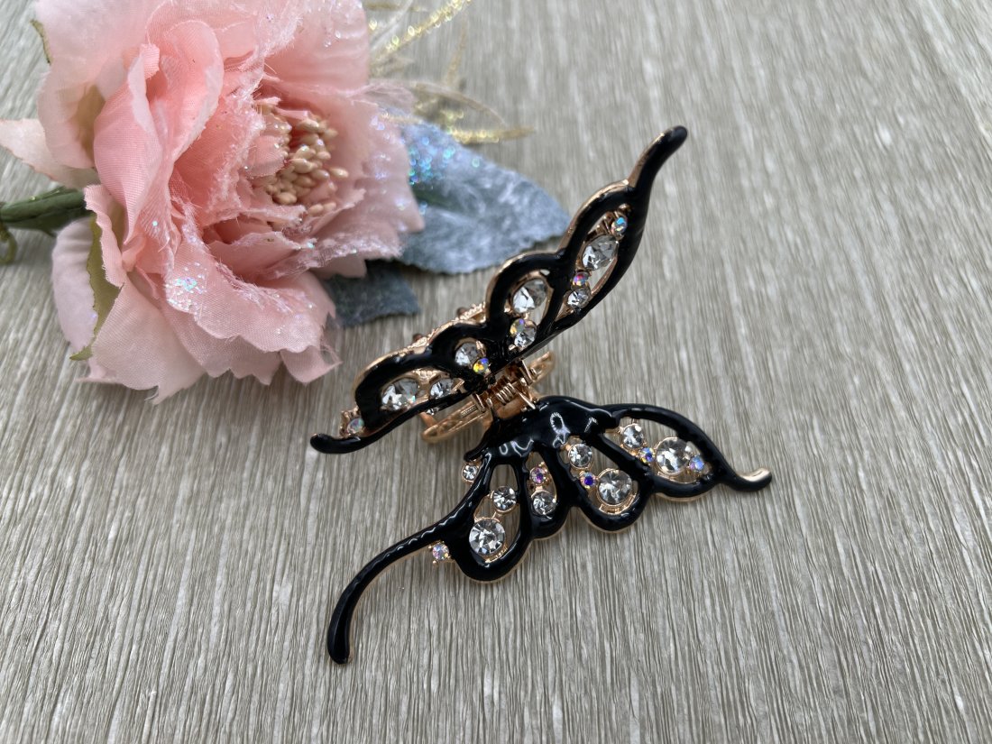 Краб для волосся метелик метал, золото з чорною емаллю з камінням 8см.