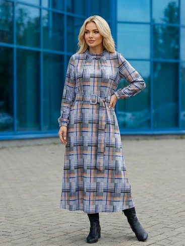 Жіноча міді-сукня в клітинку трапецієподібного силуету з поясом INNOE 2701313-2 Світло-сірий - Купити