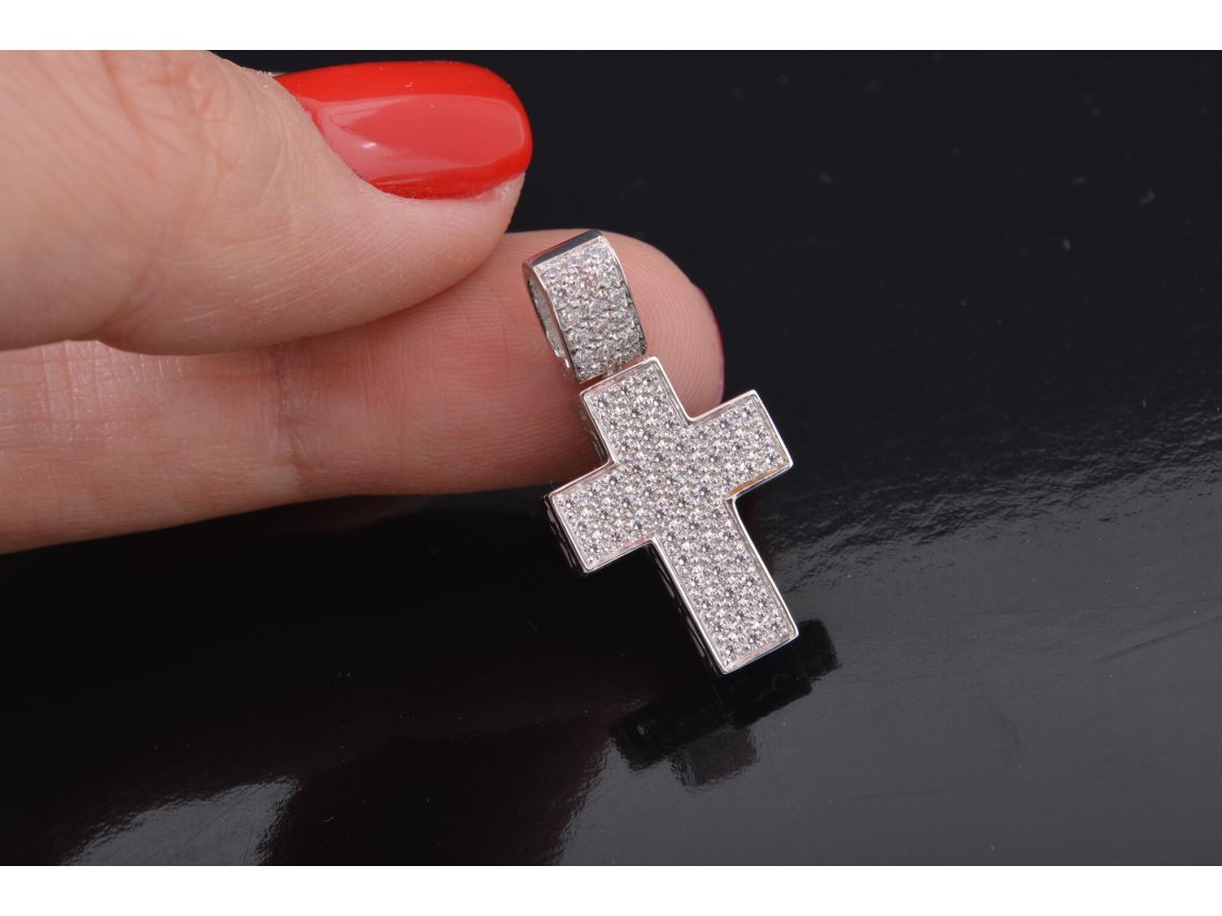 Хрестик "Кубик" із камінням, біле золото