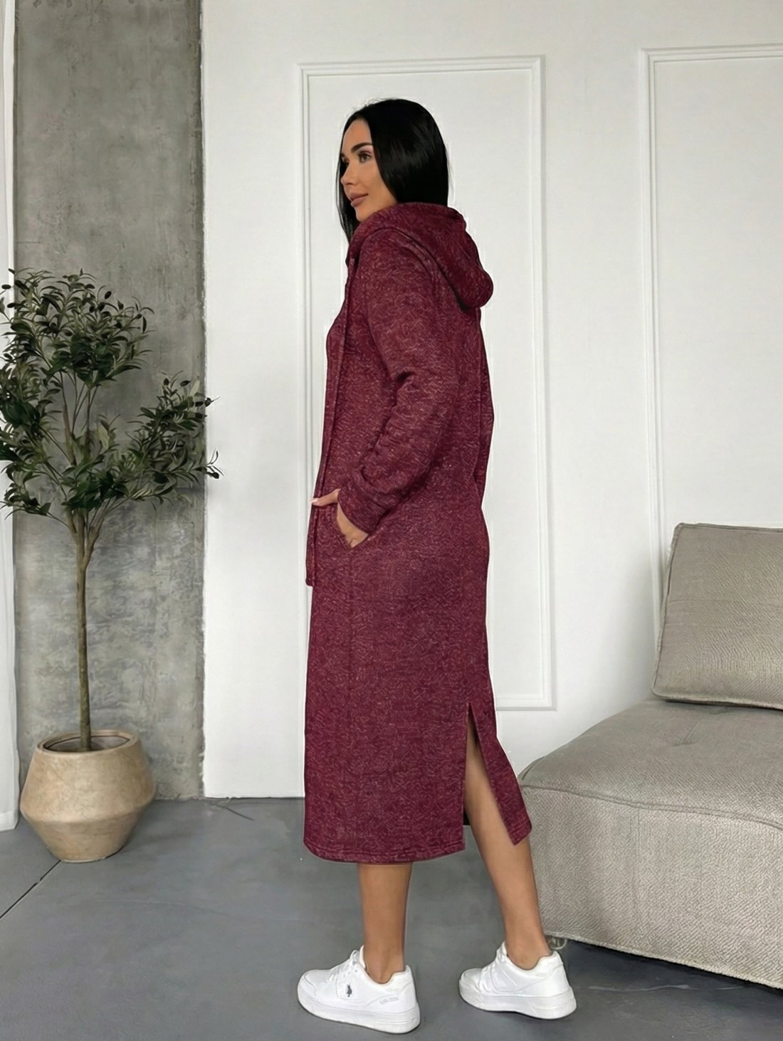 Плаття-худі міді з турецької тринитки з люрексом і начосом INNOE 270587-1 Бордовий - Купити