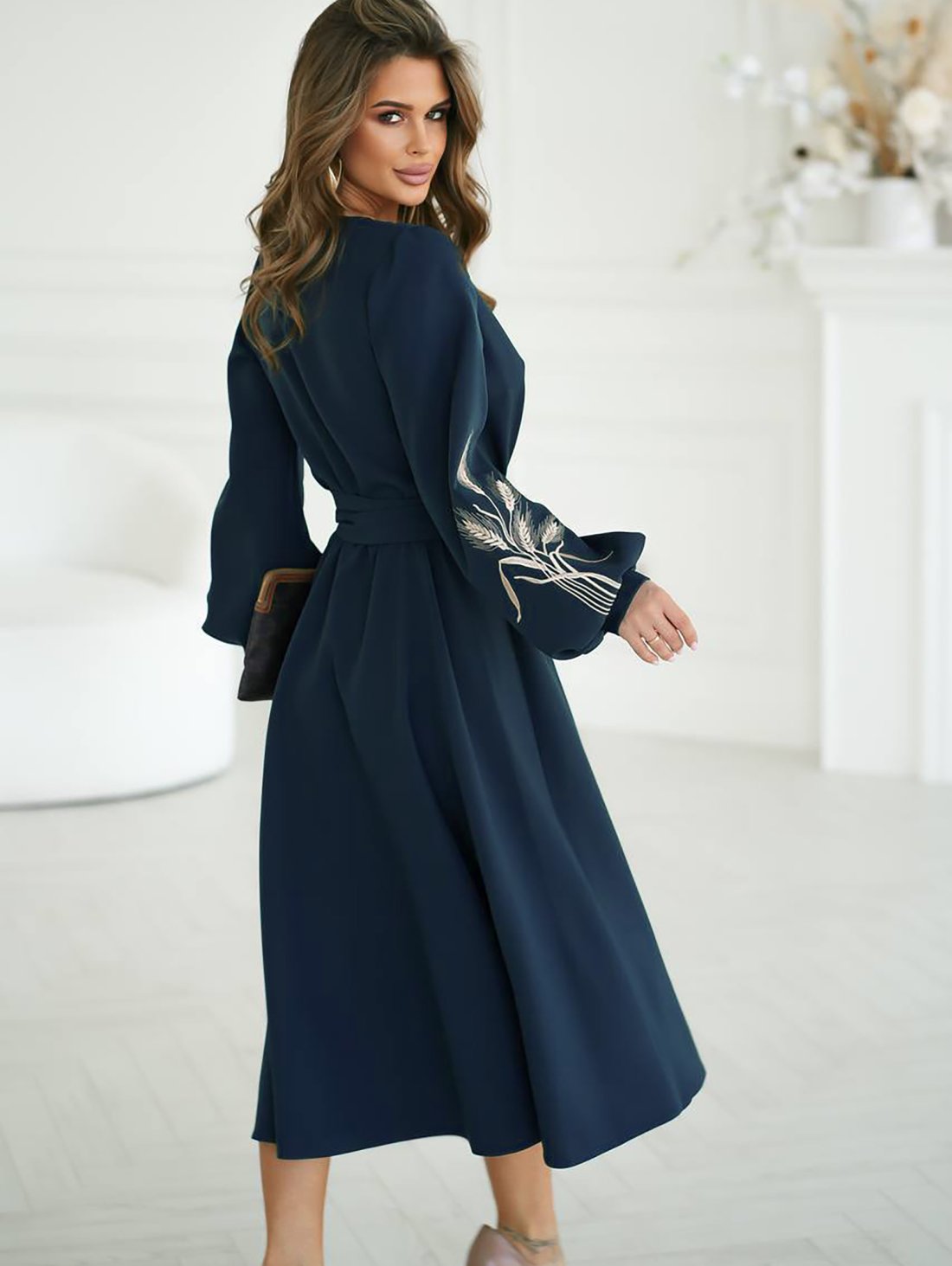 Нарядна сукня на запах з вишивкою колоски 270545-2 Морська хвиля