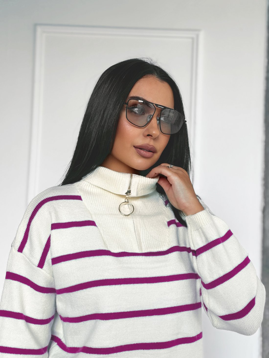 Повсякденний светр у смужку з застібкою-блискавкою INNOE 300064-1 Малиновий - Innoe