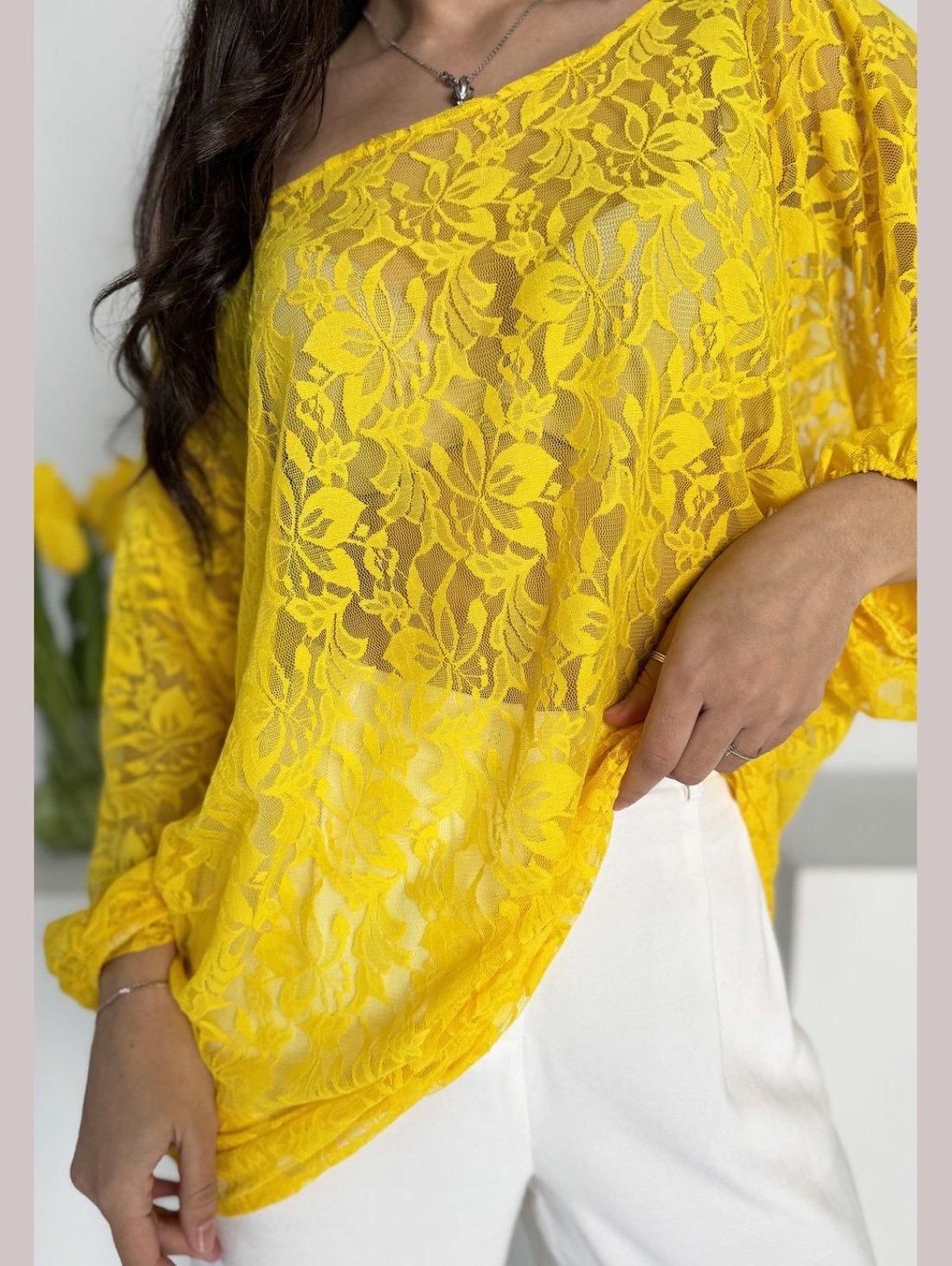Стильна блуза-туніка вільного силуету з гіпюру INNOE 230232-2 Жовтий