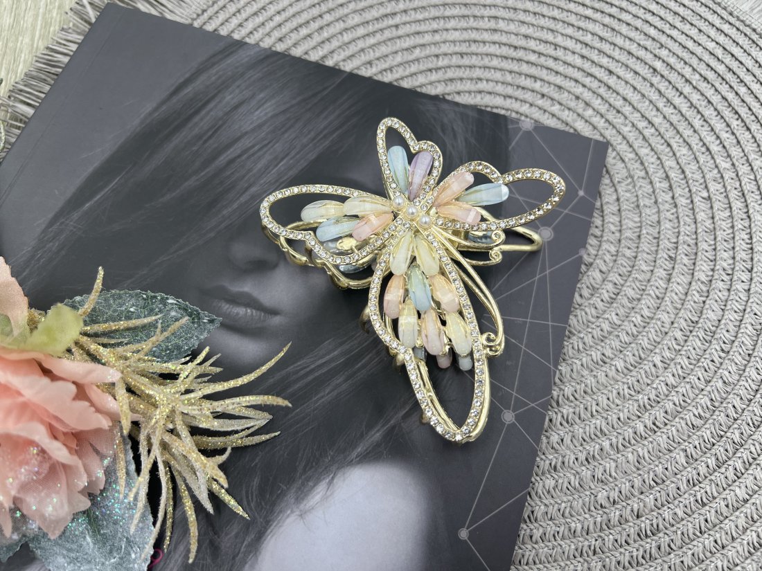 Краб для волосся метал ,золото з камінням 9 см.