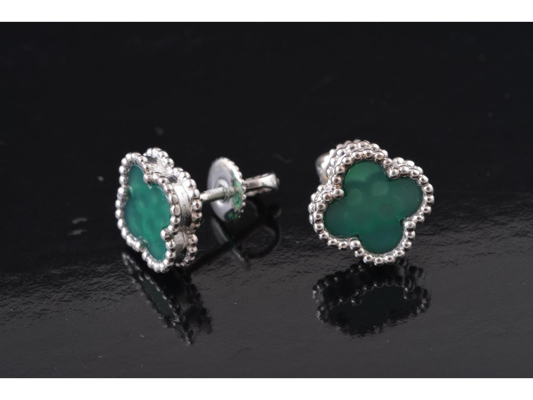 Сережки на закрутках із зеленим агатом у стилі Van Cleef