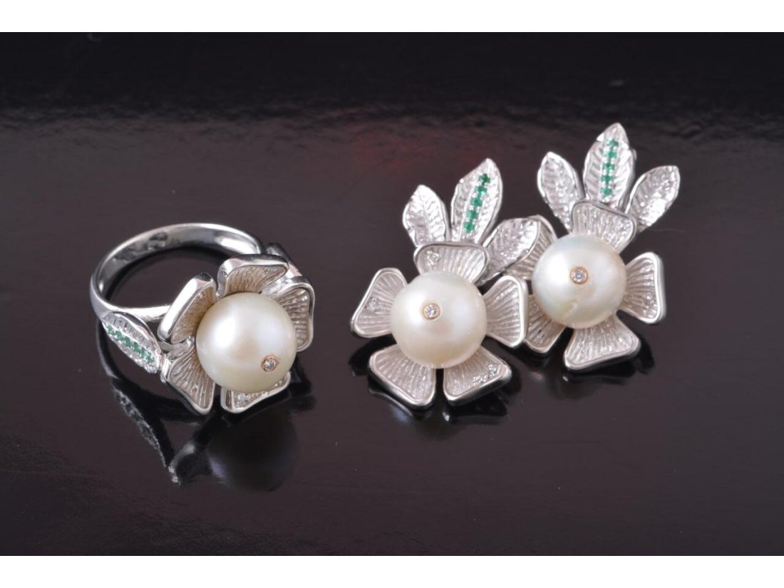 Гарнітур "Перлинова квітка" , біле золото - Фото6 Гарнітур "Перлинова квітка" , біле золото