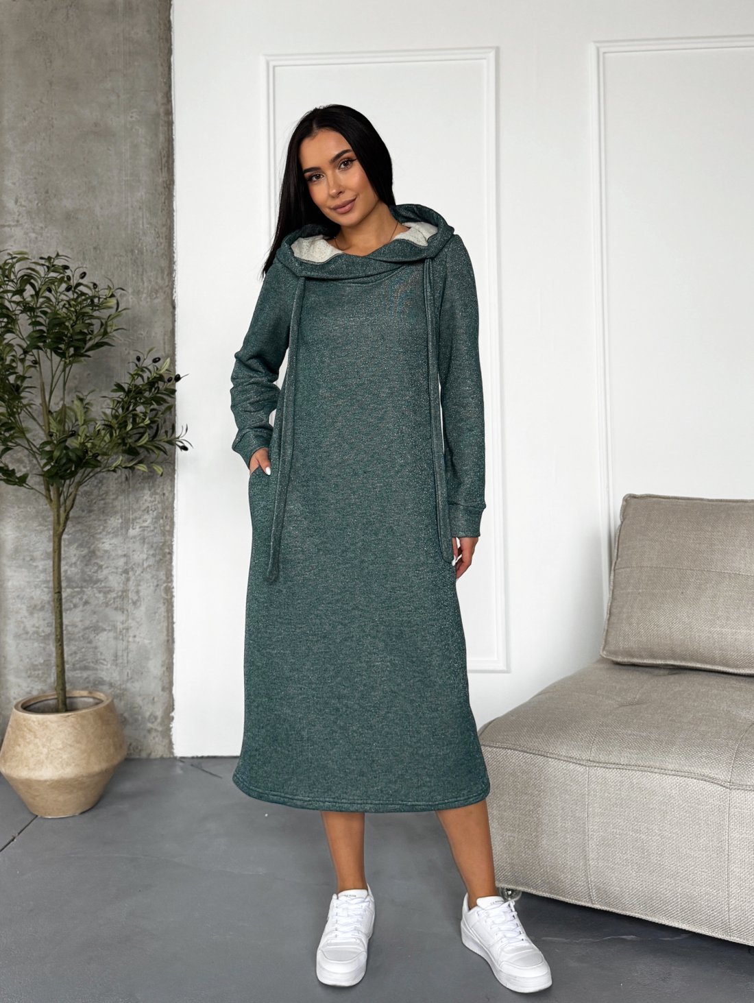 Тепле жіноче плаття-худі з турецької тринитки люрексом і начосом INNOE 270587-1Зелений - Купити