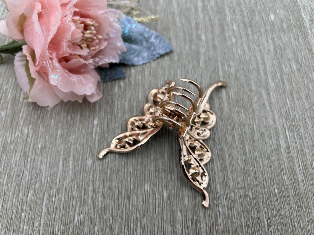 Краб для волосся метелик метал, золото з чорною емаллю з камінням 8см. - Купити