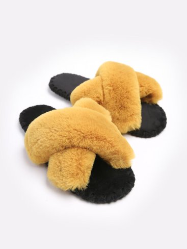 Faux Fur Women House Slippers Stylish Mustard Yellow Criss Cross Slides, Family Story - Buy