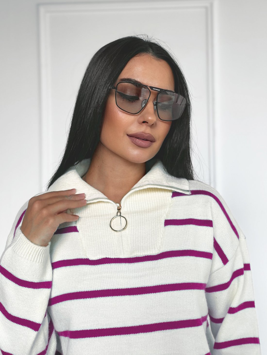 Повсякденний светр у смужку з застібкою-блискавкою INNOE 300064-1 Малиновий