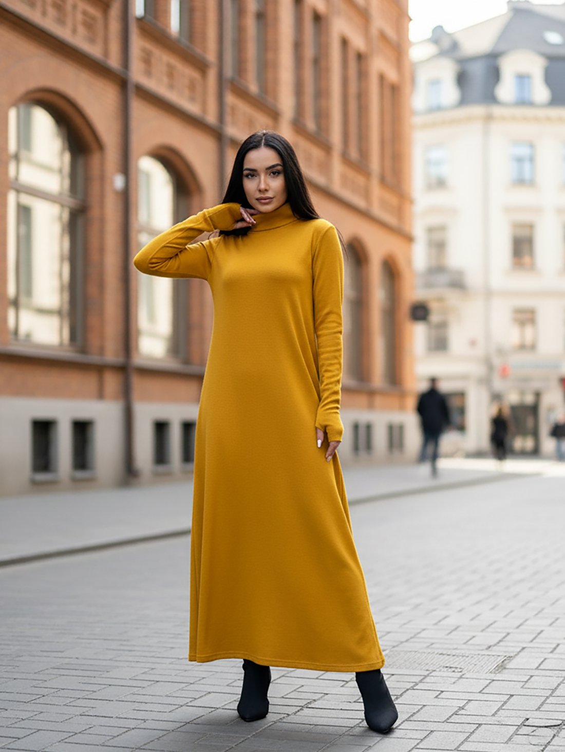 Стильна жіноча сукня максі з м’якого трикотажу 270384-11 Гірчичний - Innoe