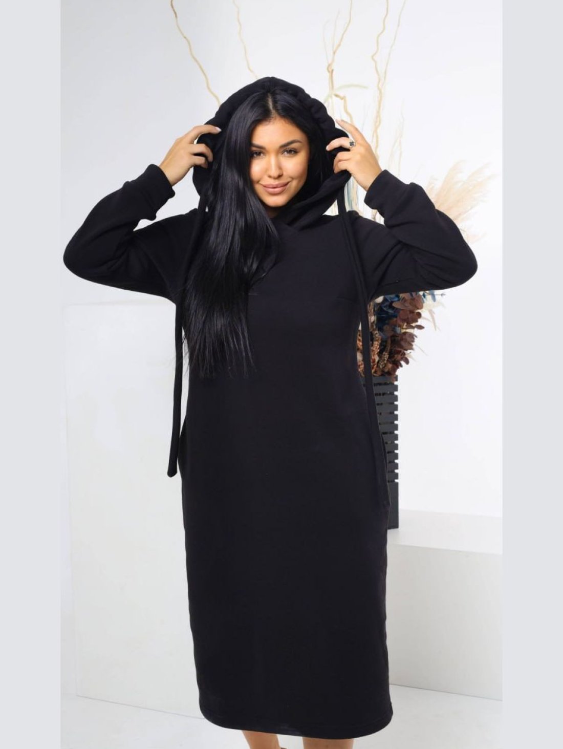 Сукня вільна тринитка з начосом і капюшоном INNOE 300035-1 Чорний