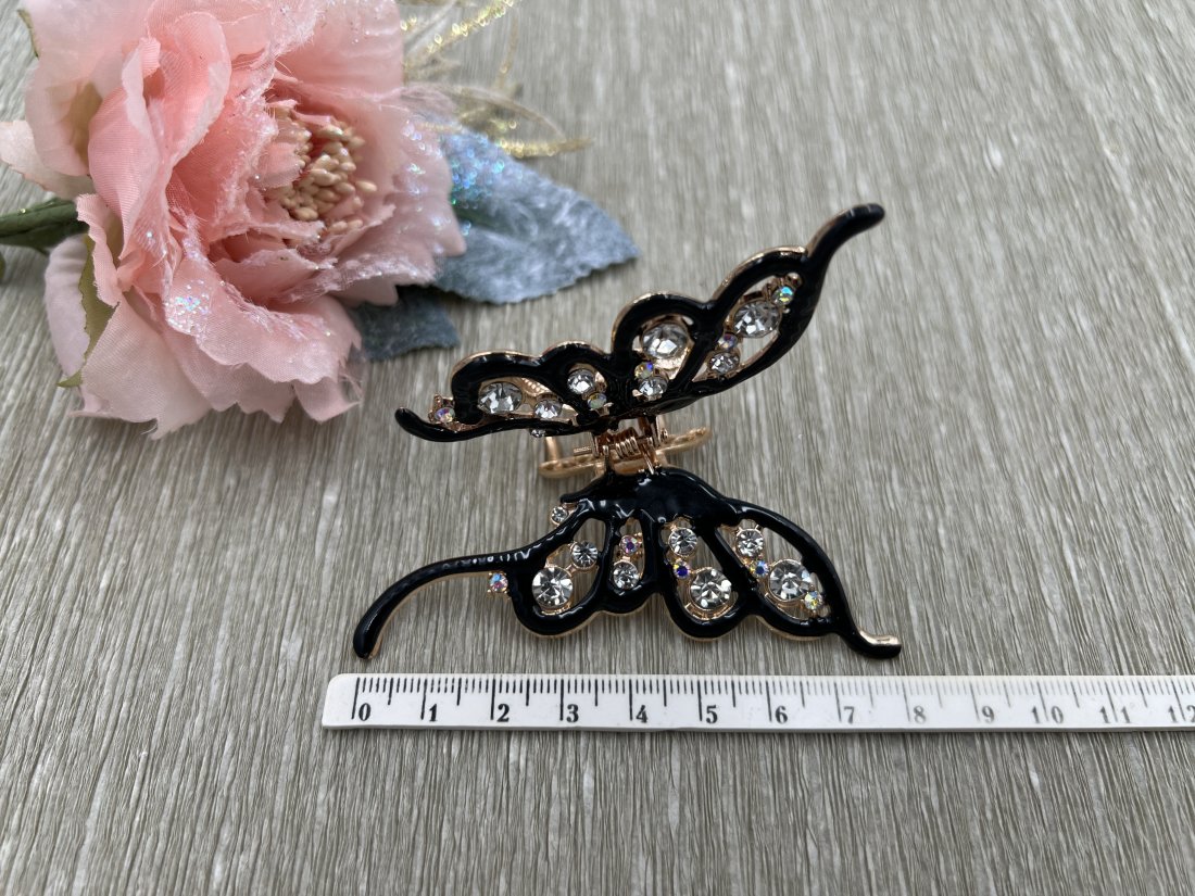 Краб для волосся метелик метал, золото з чорною емаллю з камінням 8см. - Кристалік