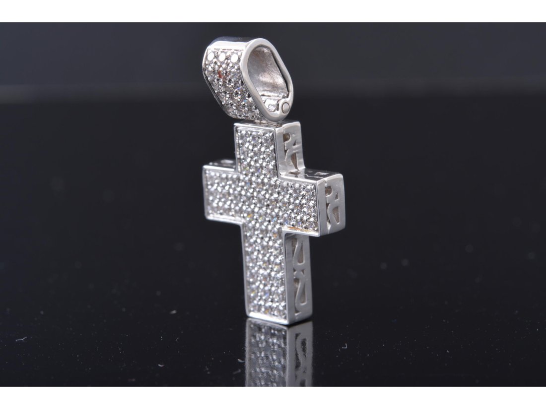 Хрестик "Кубик" із камінням, біле золото