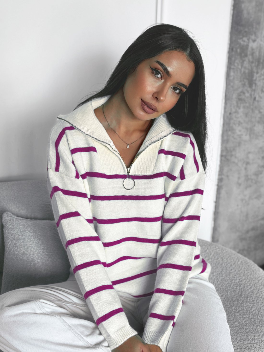 Повсякденний светр у смужку з застібкою-блискавкою INNOE 300064-1 Малиновий