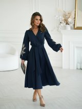 Нарядна сукня на запах з вишивкою колоски 270545-2 Морська хвиля